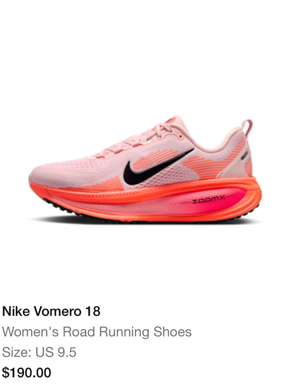 Nike Women’s Vomero 18 Running Shoe - Light Pink/Coral/Black